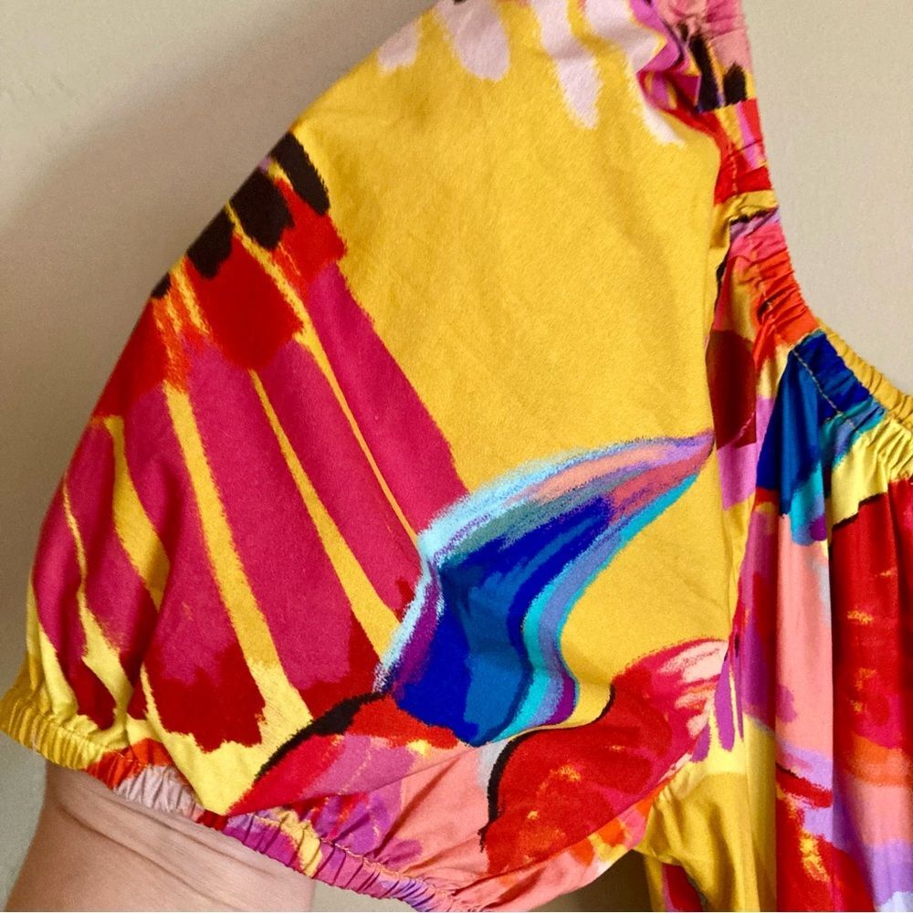 SOLD FARM Rio Neon Macaws Maxi Dress Beaded Tropical Bird Yellow Pink Size L - Picture 11 of 16